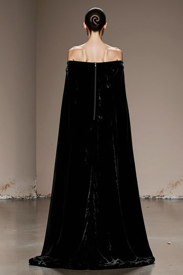 Black Off The Shoulder Velvet Evening Dress with Cloak